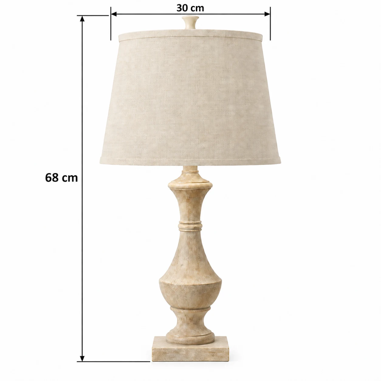 Table lamp dimensions: 68 centimetres high and 30 centimetres in diameter
