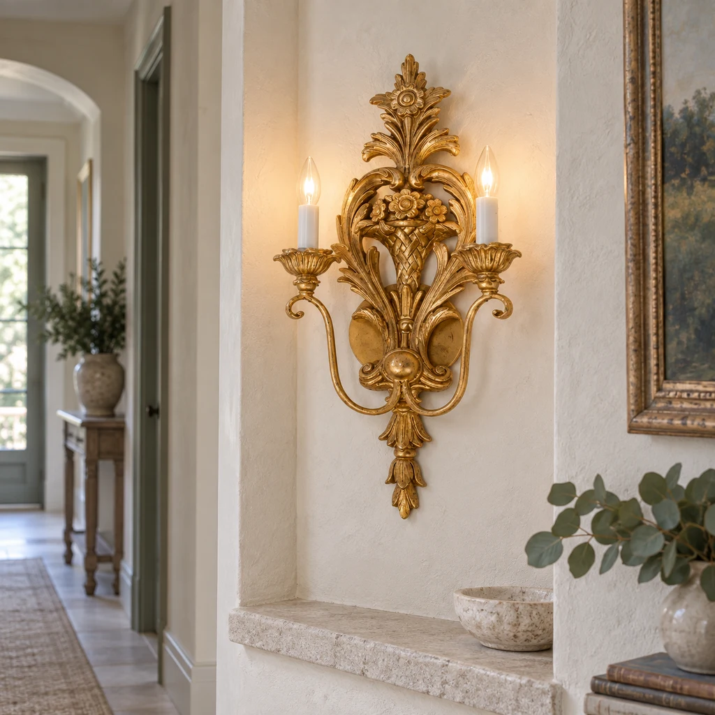 Gold-finish wood wall sconce installed in a bright hallway niche