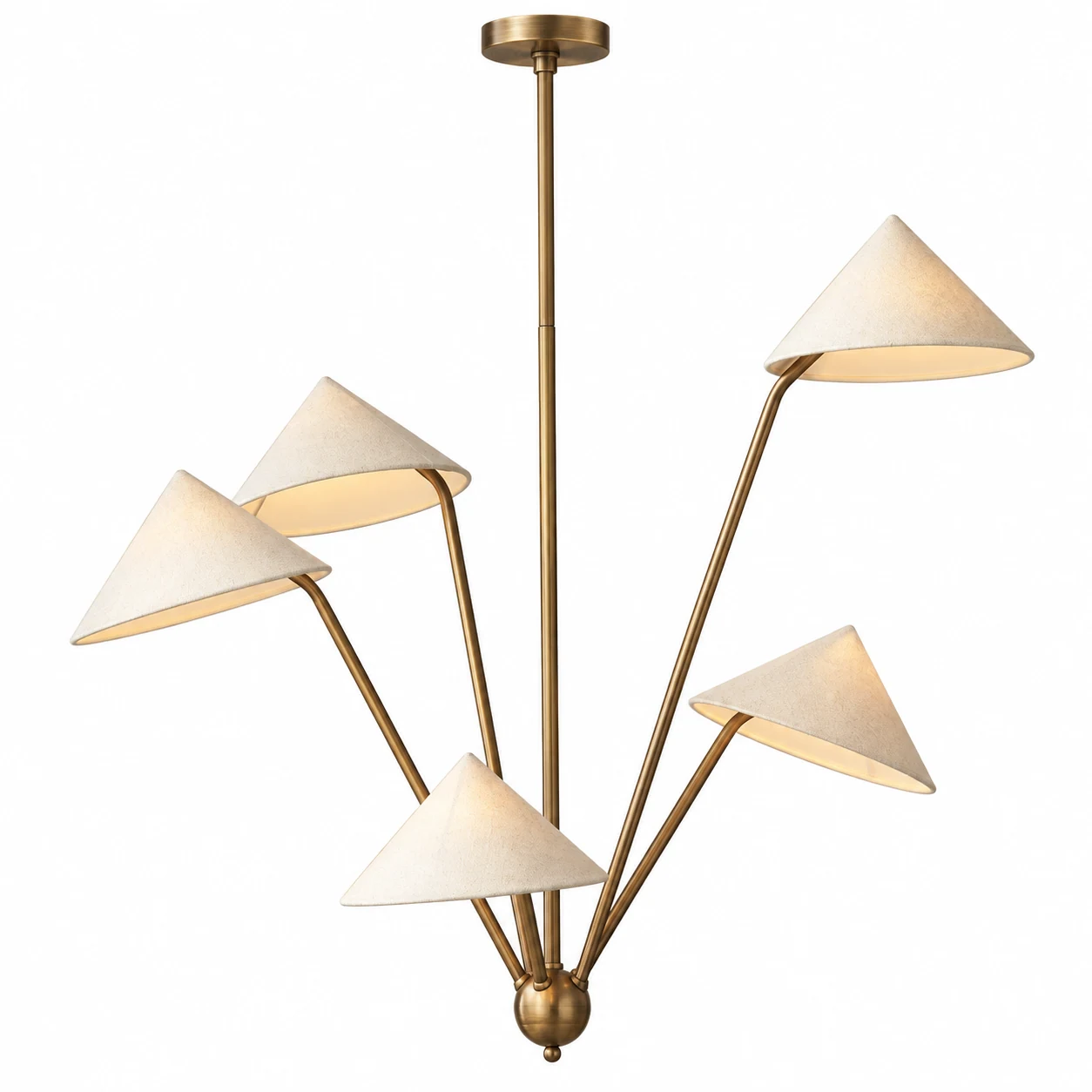 Full five-light pendant showing its branching iron frame and fabric shades