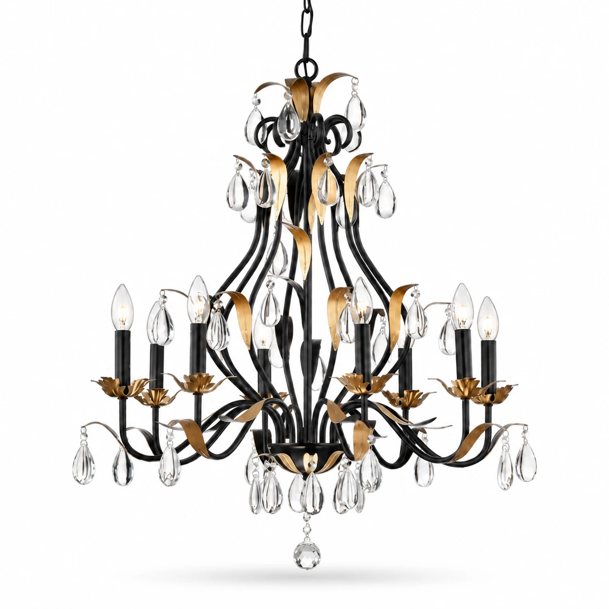 Complete eight-light black crystal chandelier