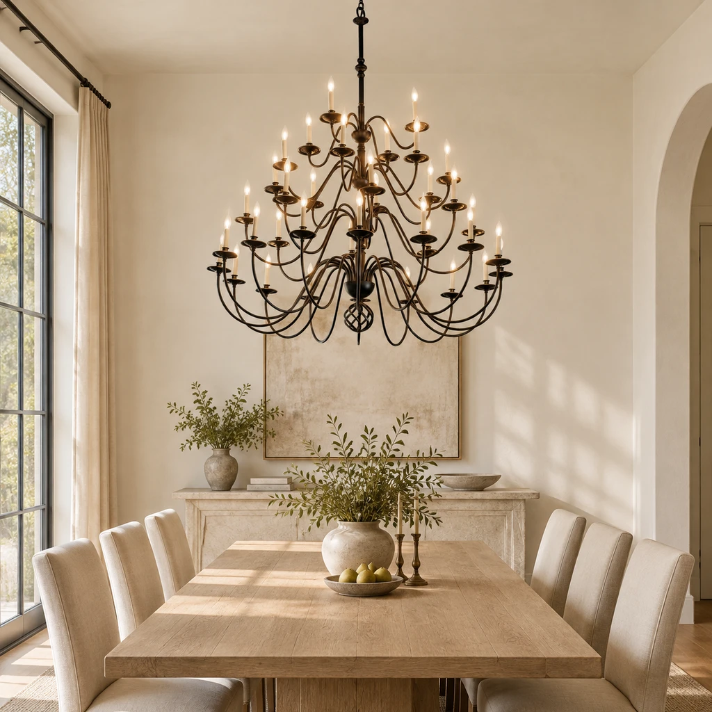 Castello European Matte Black Iron Chandelier in a dining room