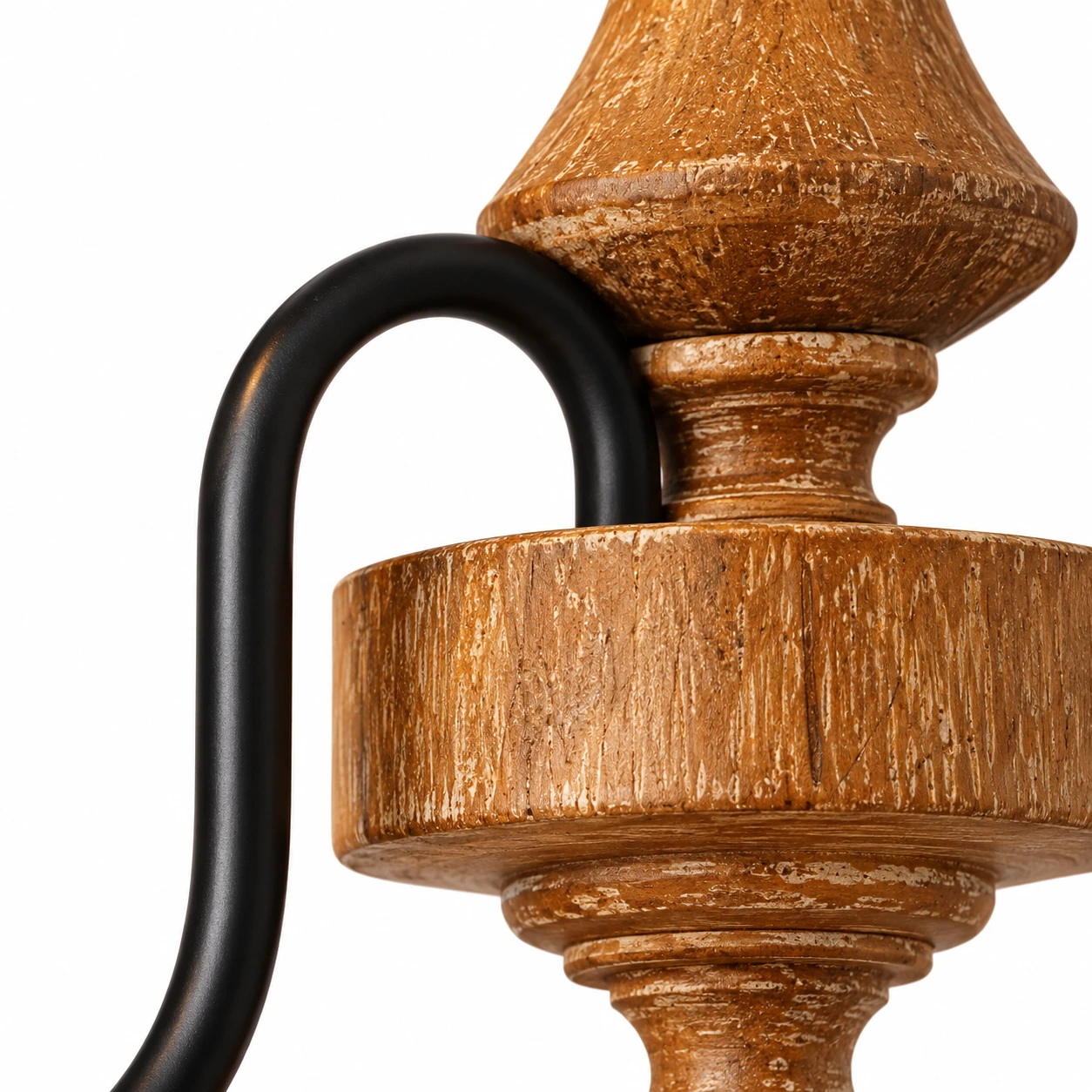 Close view of the carved aged wood backplate and grain