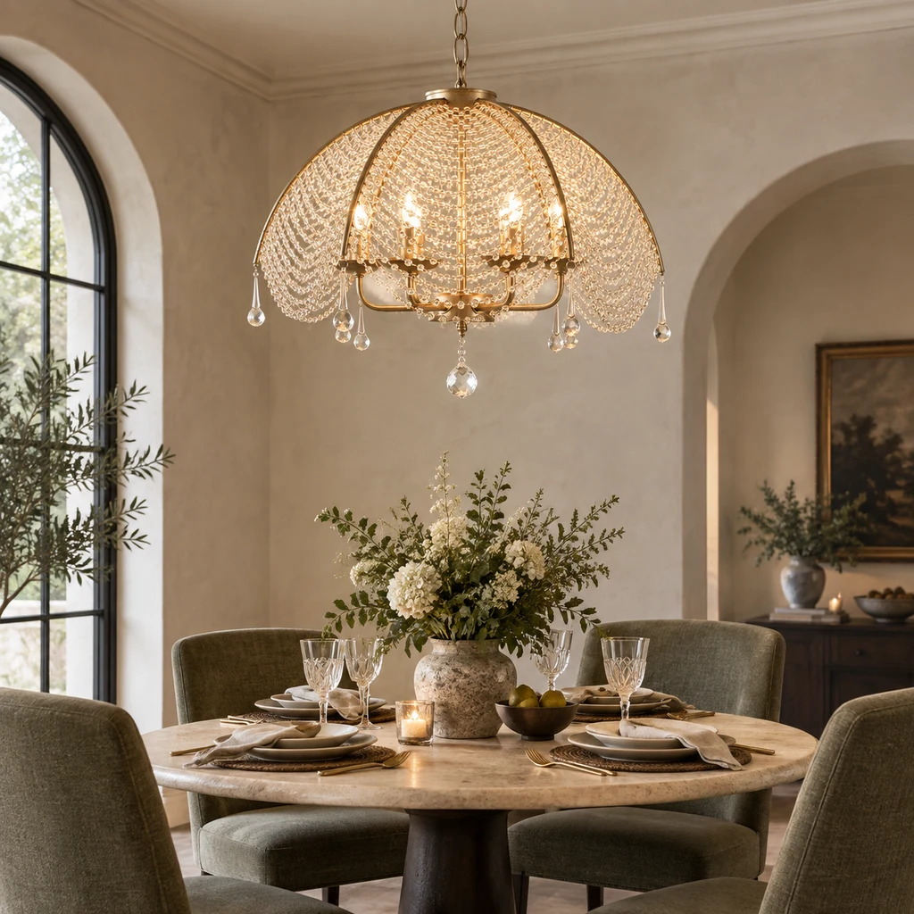 Aurelia gold beaded chandelier in a boutique hospitality salon