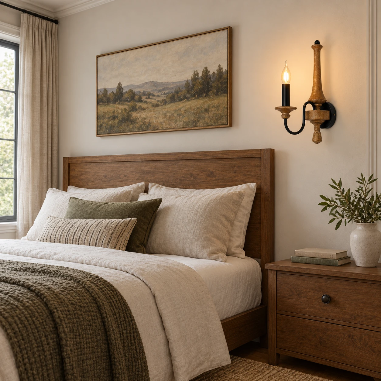 One-light wood candle wall sconce casting a warm glow beside a bed