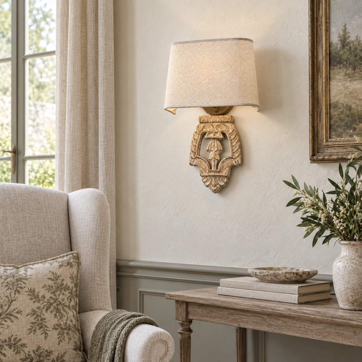 Amelie relief wall light in a sitting room reading corner