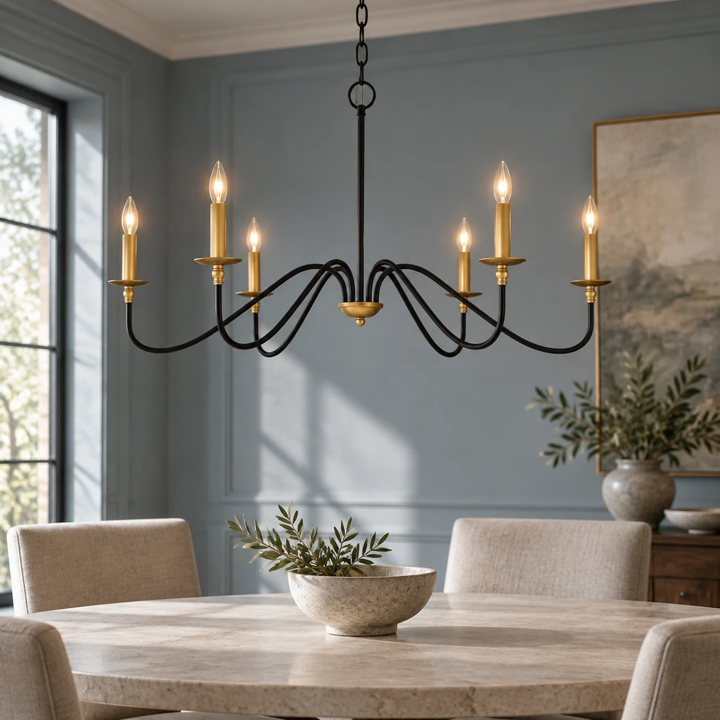 Arden black iron chandelier above a pale stone table in a blue-gray dining room