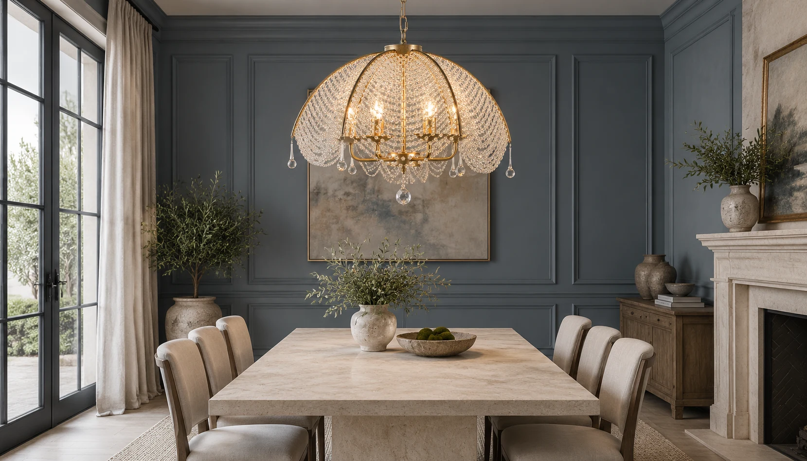 Aurelia vintage gold 6-head beaded dome chandelier above a pale limestone dining table in a slate-blue room