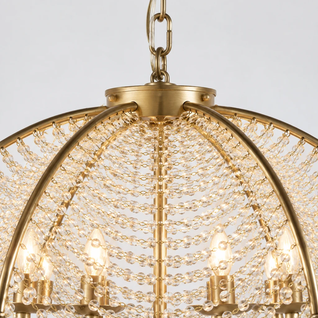 Close view of the Aurelia chandelier central canopy and bead mesh