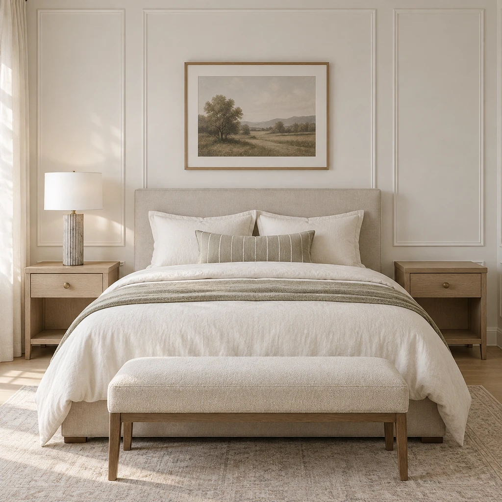 Chandelier in a bedroom without bedside lamps