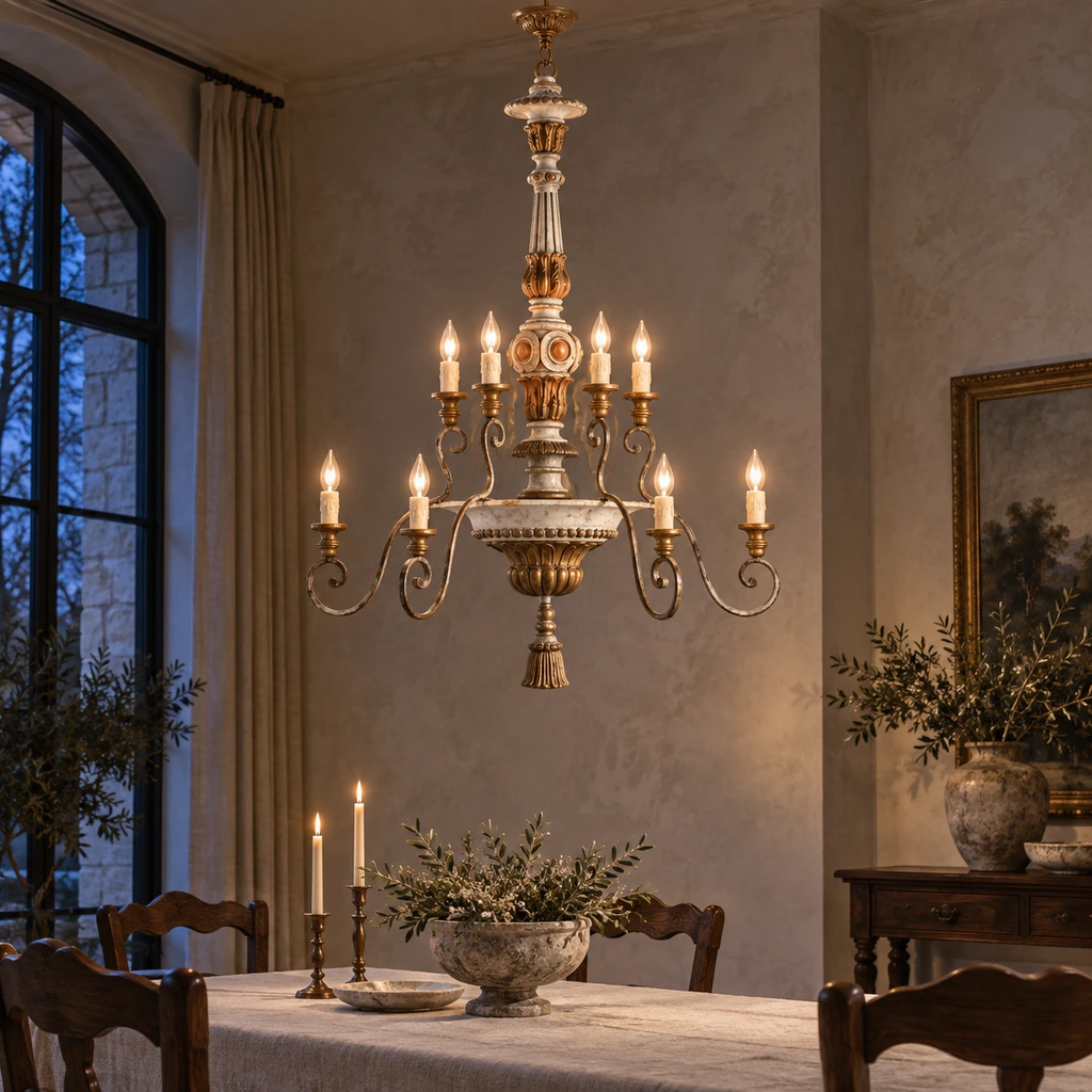 Aveline chandelier glowing above a linen-covered boutique dining table