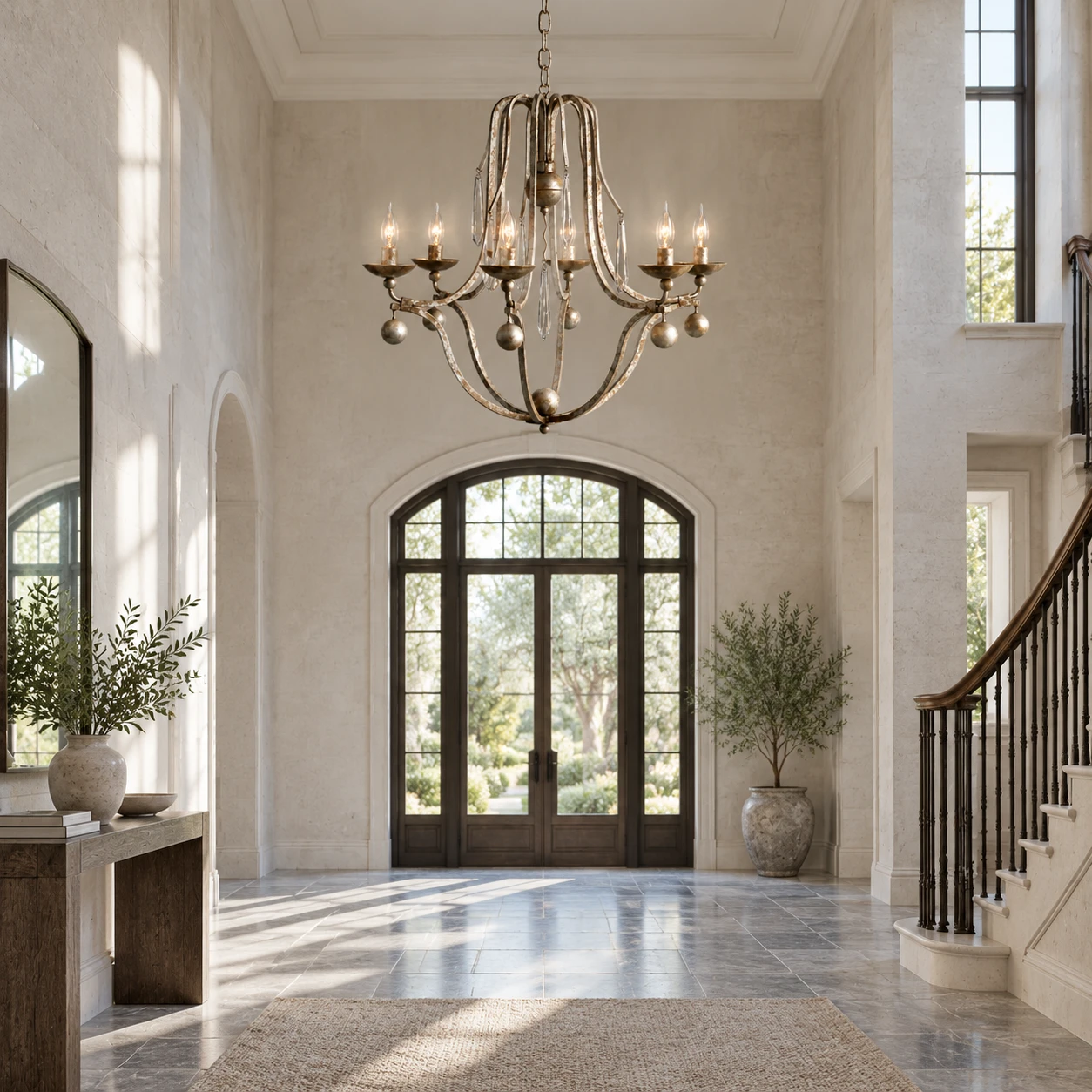 6-Light chandelier installed in a double-height foyer with daylight