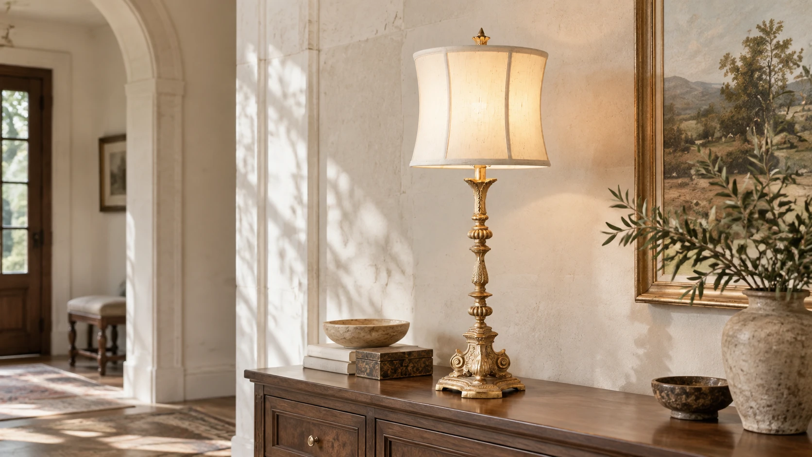 Ivory fabric shade carved wood table lamp on a walnut entry console
