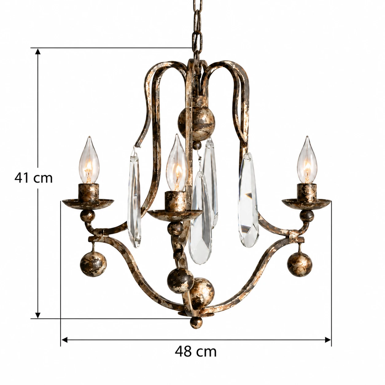 3-Light chandelier dimensions: 48 cm diameter and 41 cm overall height