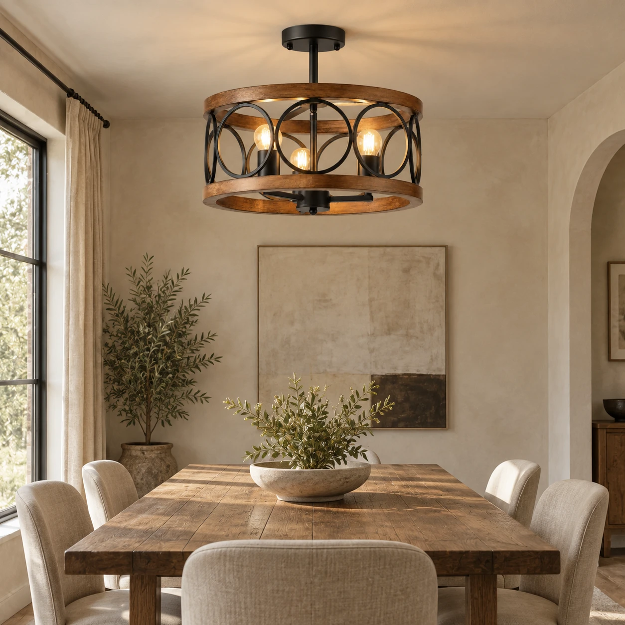 American Rustic Wood Lantern Ceiling Light in a compact dining room above a timber table with pale mineral plaster