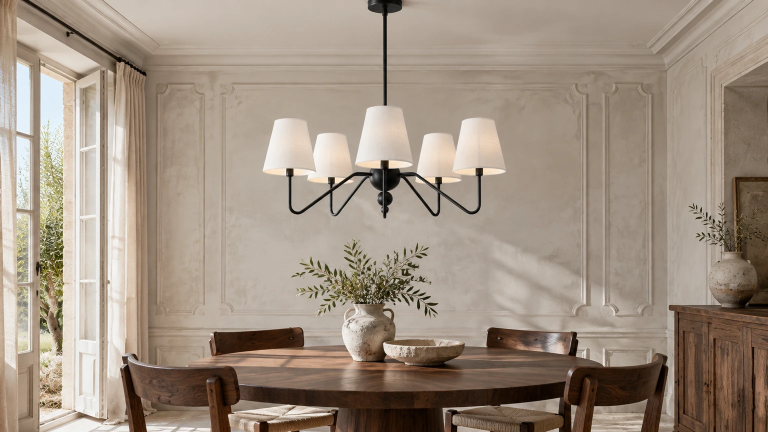 Black fabric shade branch chandelier above a dining table in a bright French-vintage interior