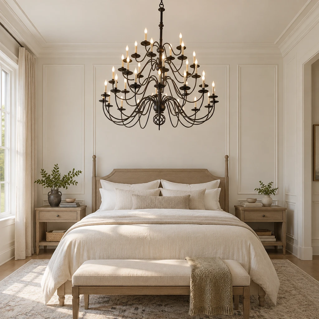 Chandelier in a bedroom without bedside lamps