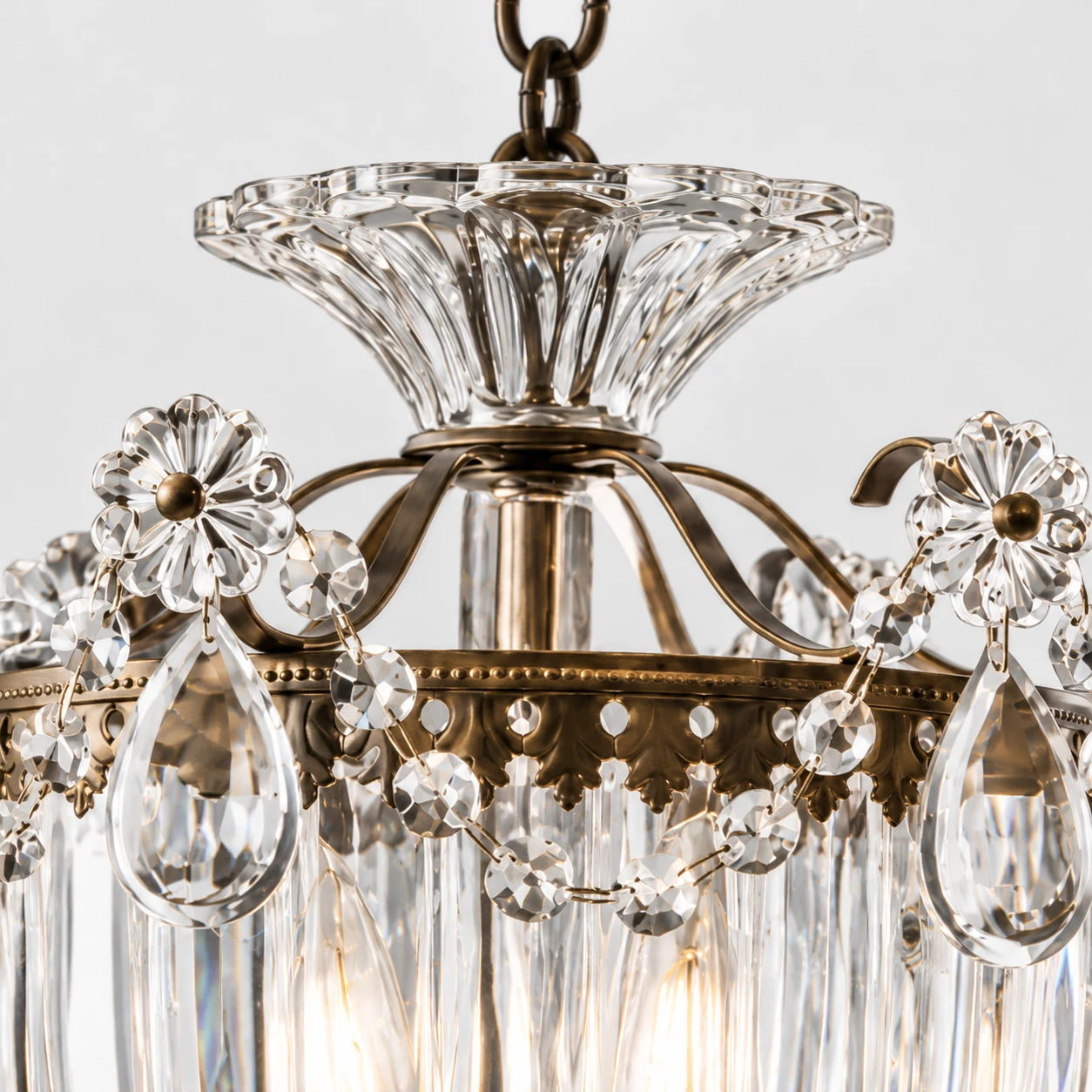 American Rustic Crystal Chandelier Close product-part detail showing the socket, arm, canopy or wall connection