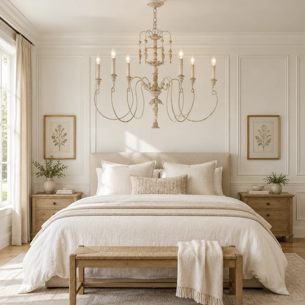 Carved wood chandelier in a white paneled bedroom without bedside lamps