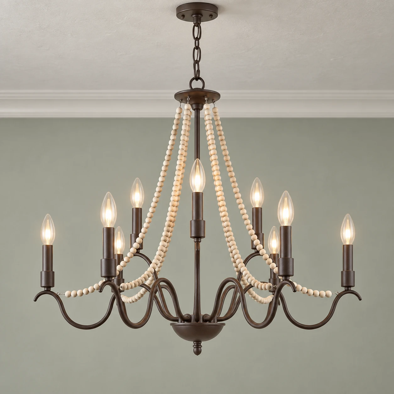 French vintage wood bead iron chandelier in a calm mineral-plaster interior