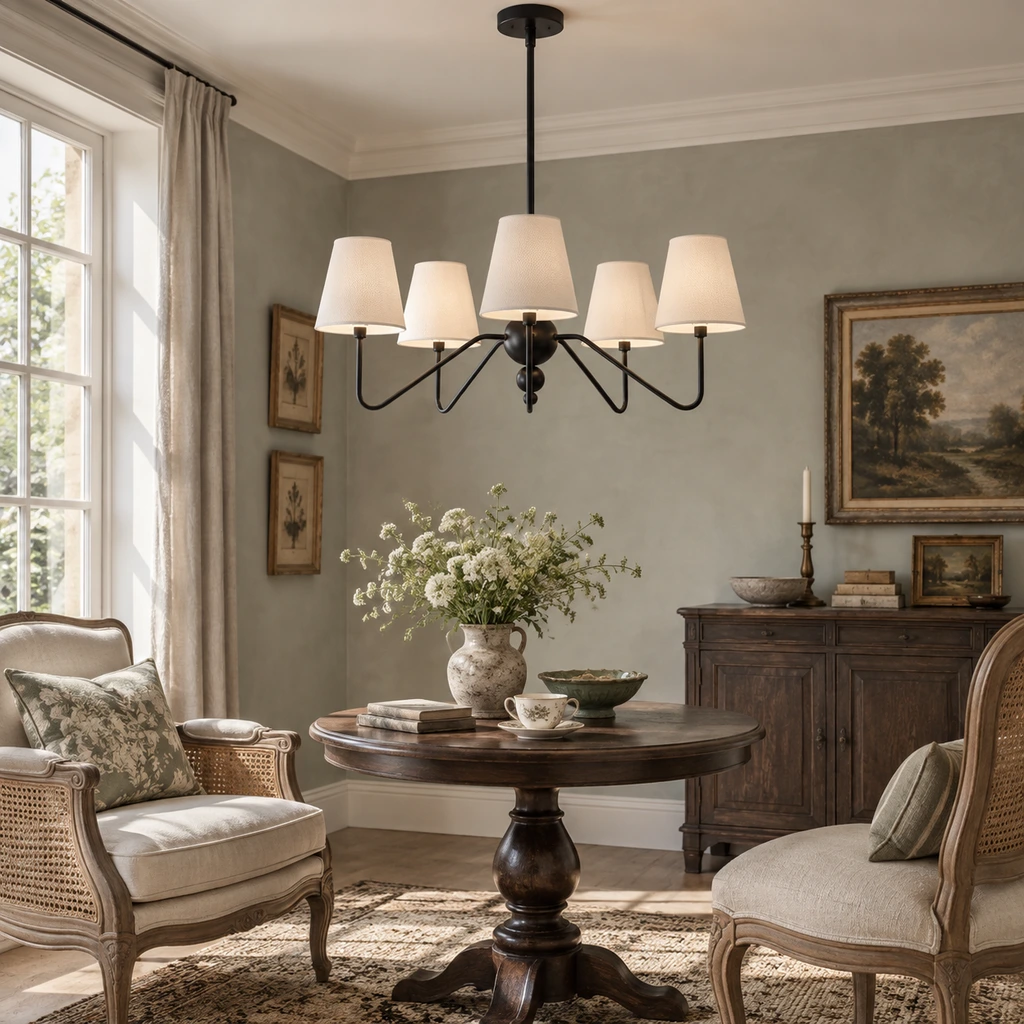 Black fabric shade branch chandelier installed in a bedroom sitting area