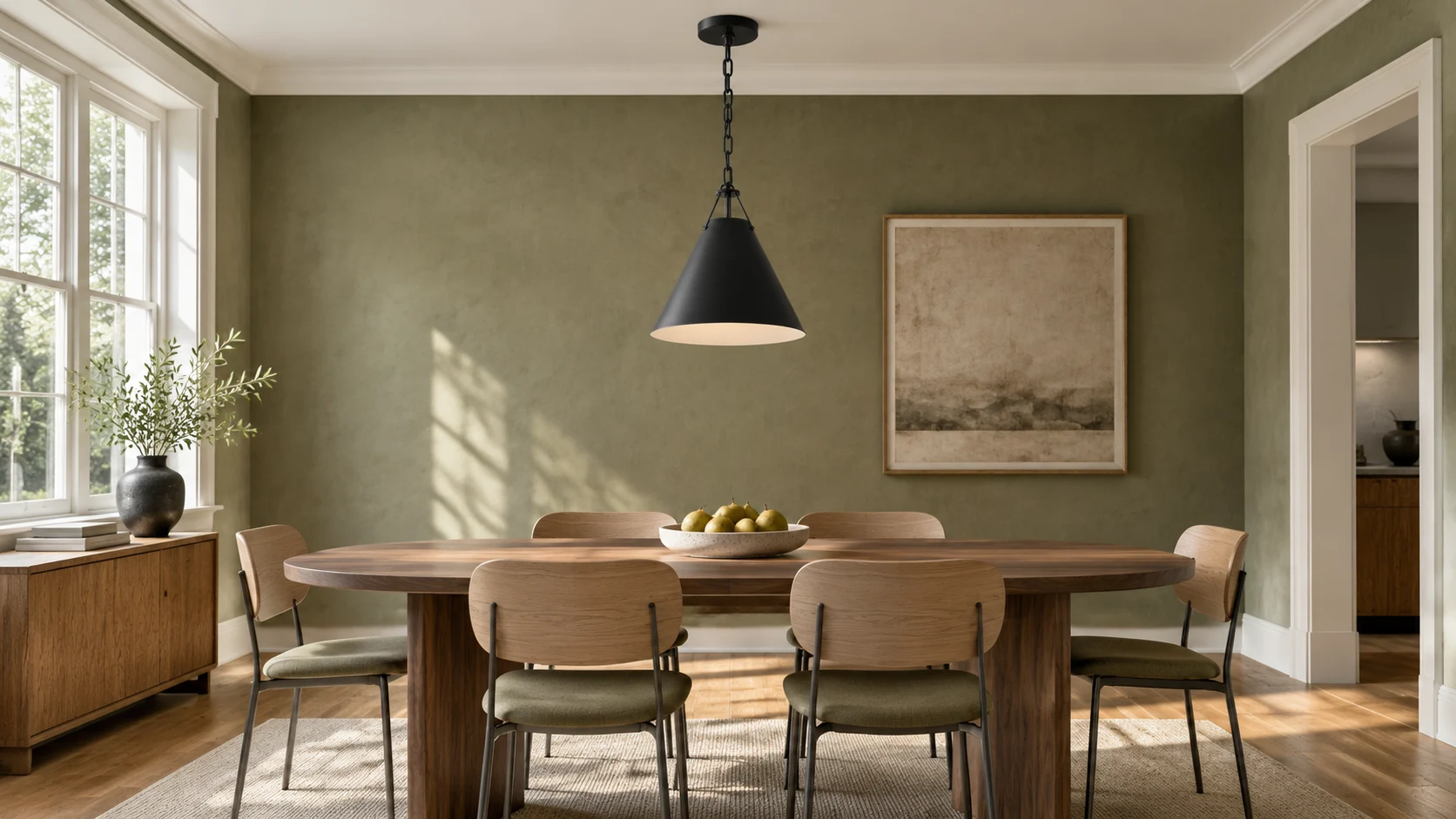 Elodie iron cone pendant above a residential dining table