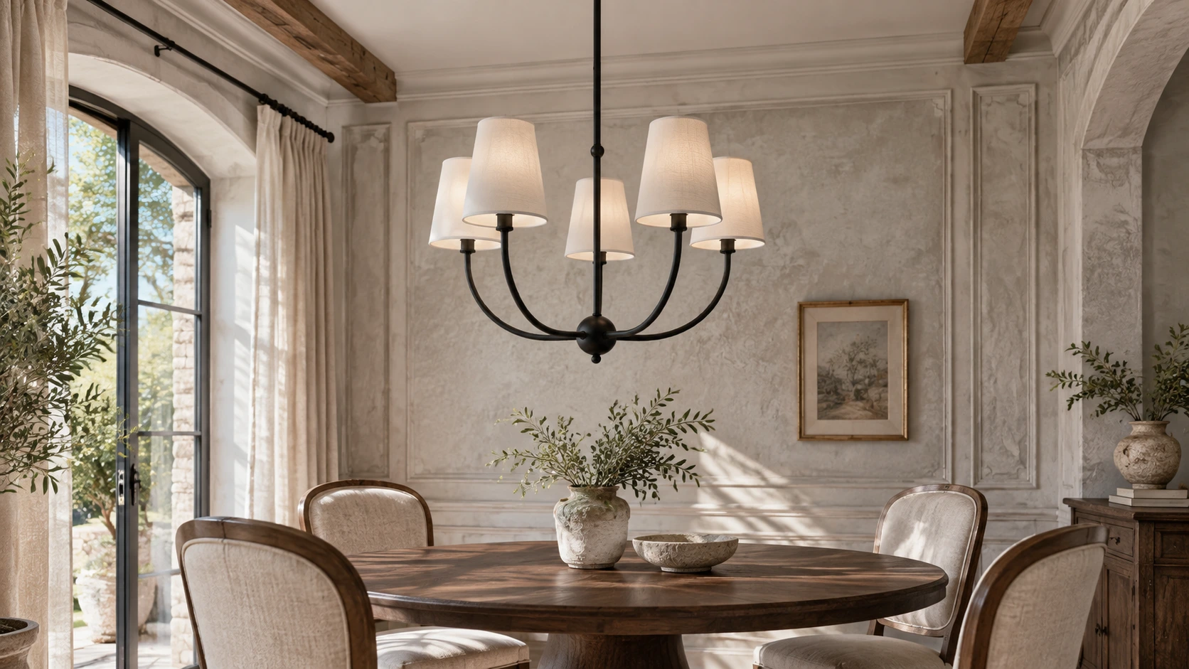 Vintage black branch chandelier with fabric shades above a dining table in a bright interior
