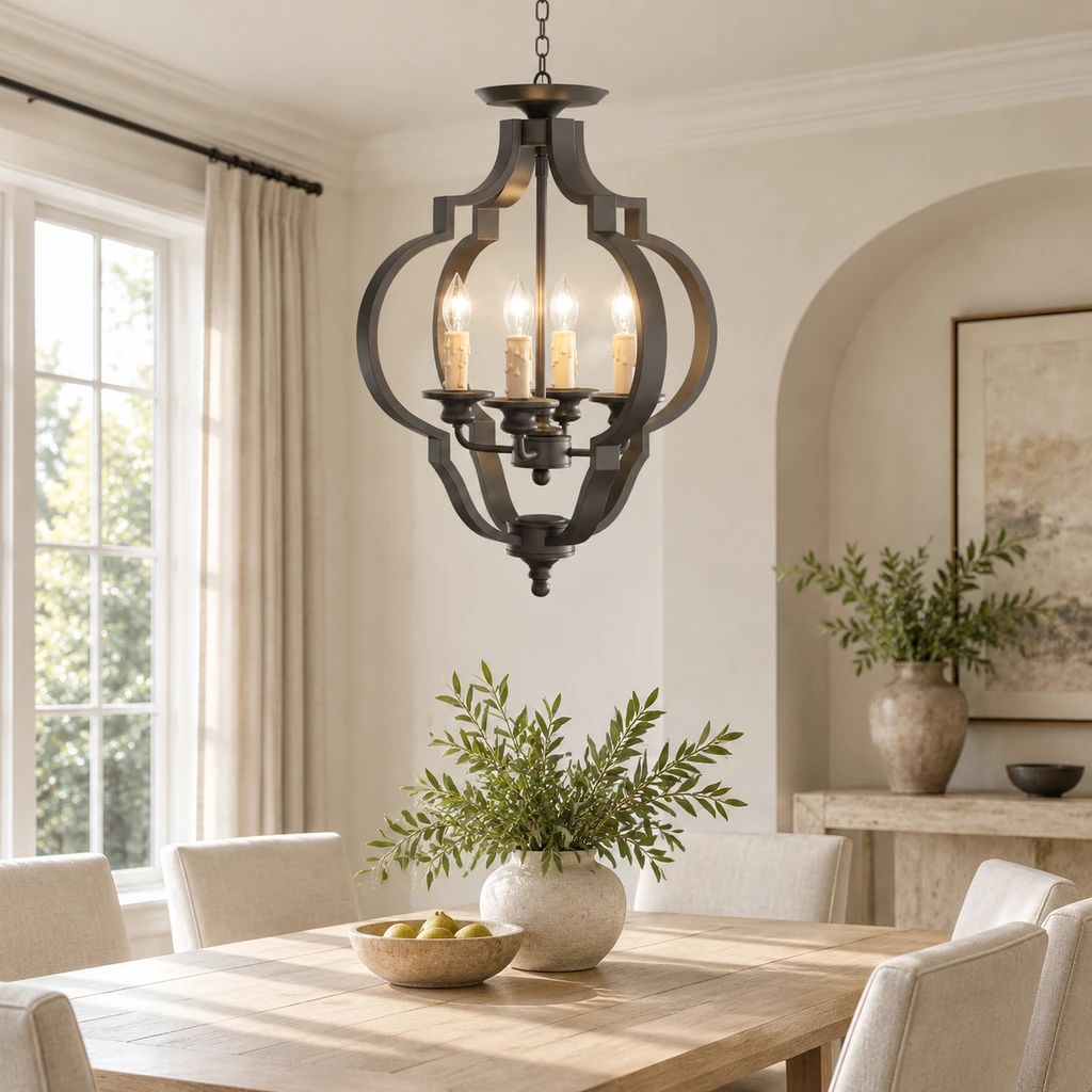 Ridgeway geometric iron lantern chandelier above a dining table