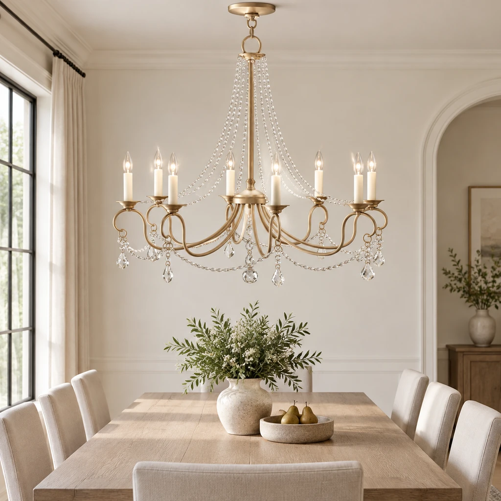 Marlow vintage crystal bead iron chandelier in a calm dining room