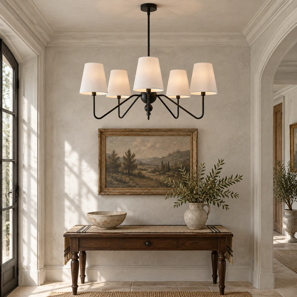 Black fabric shade branch chandelier installed over an entry console