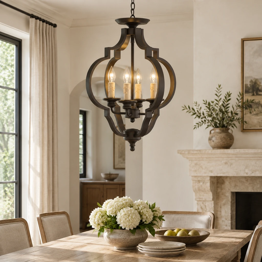 Ridgeway geometric iron lantern chandelier in a dining room