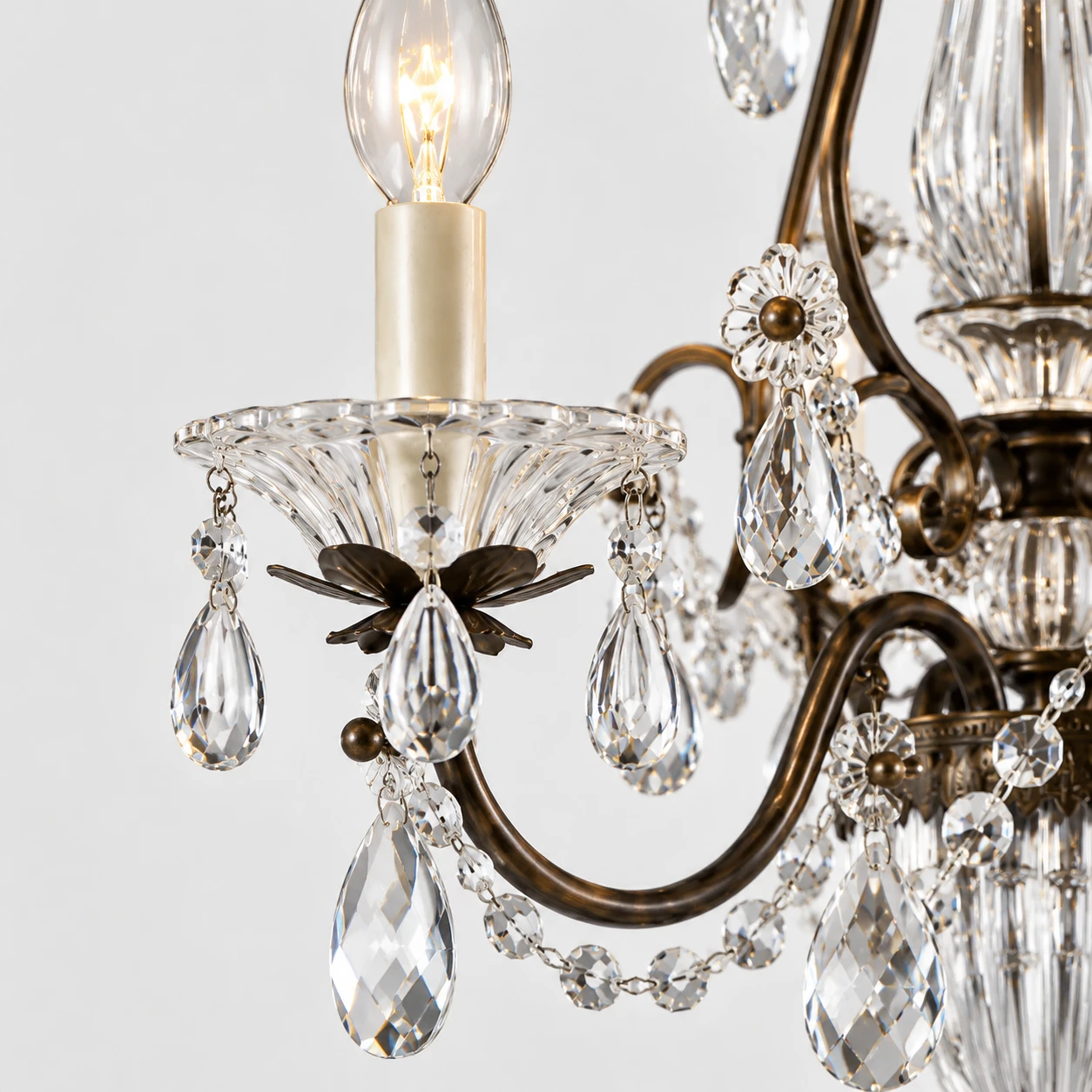 American Rustic Crystal Chandelier Close product-part detail showing the shade, edge, glass or decorative construction