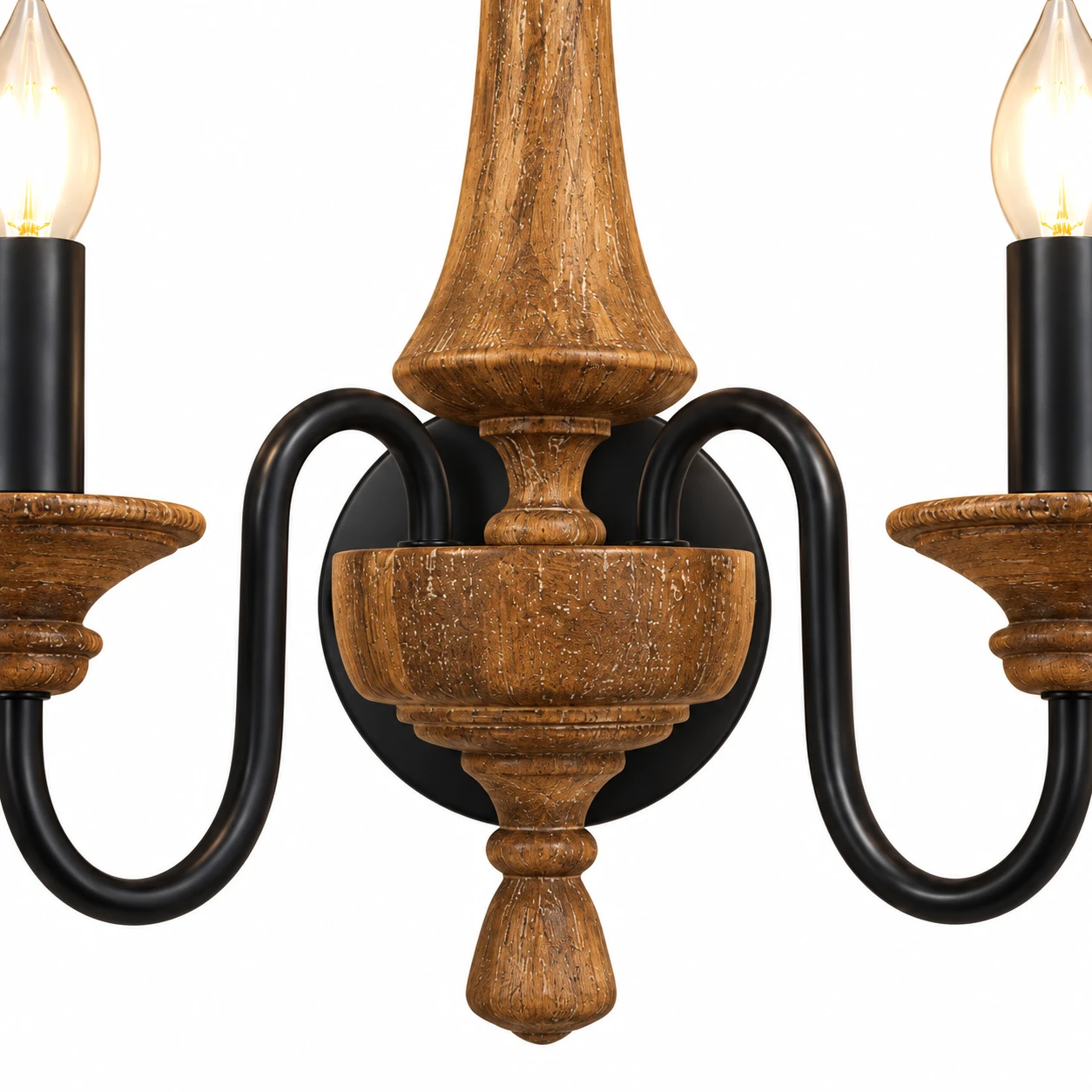 Close view of the balanced two-light wood and iron structure
