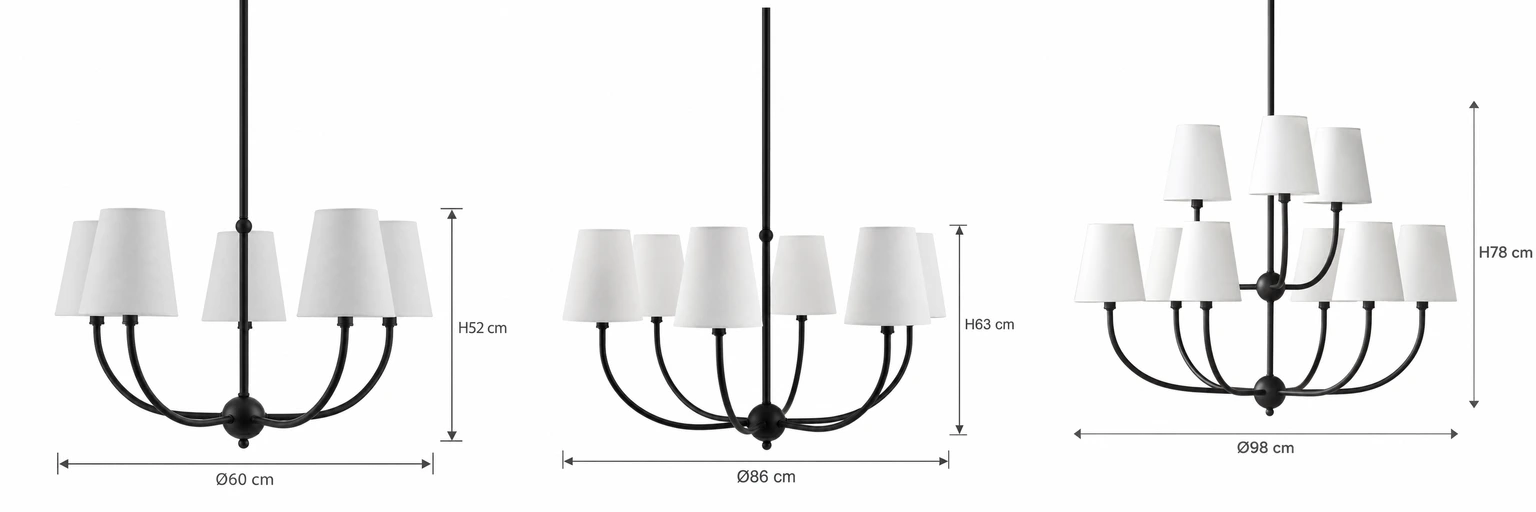 Branch chandelier size options: 5-light 60 x 52 cm, 6-light 86 x 63 cm, 9-light 98 x 78 cm