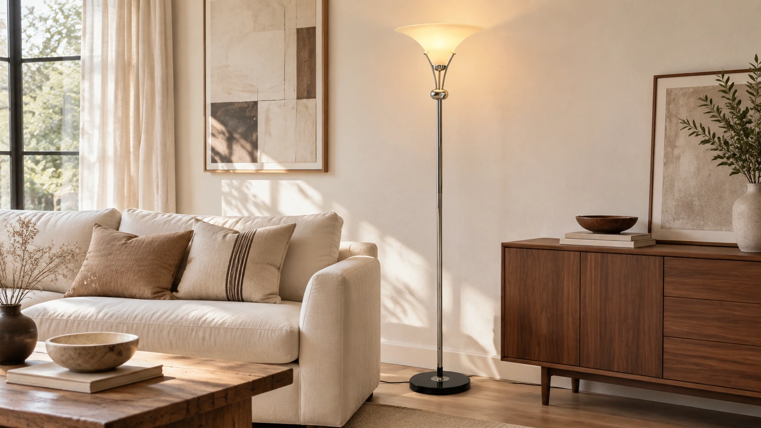 Uplight floor lamp beside seating in a bright living room
