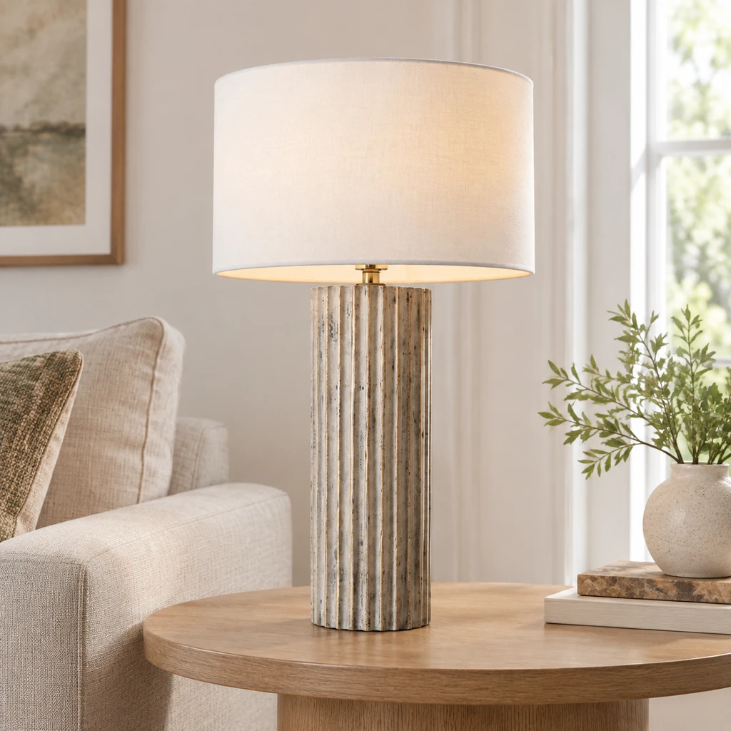 Linea Fluted Wood Drum Shade Table Lamp above a dining table