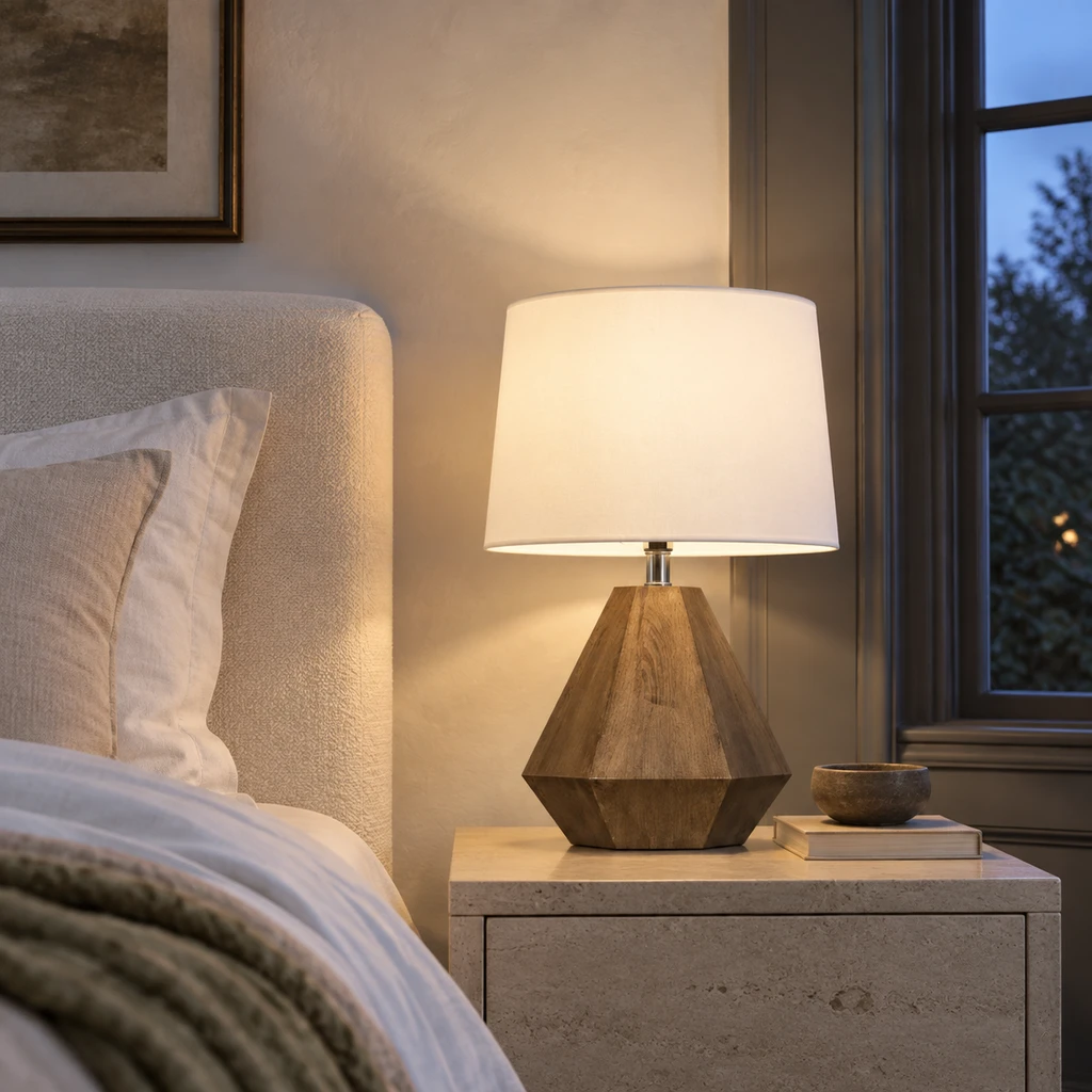 Faceted wood table lamp lit on a bedside table