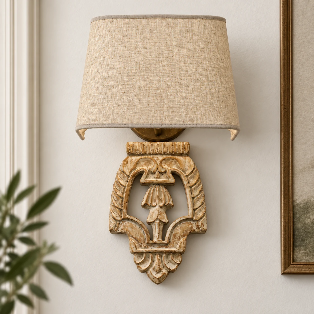 Carved relief body and ornament of the Amelie wall light