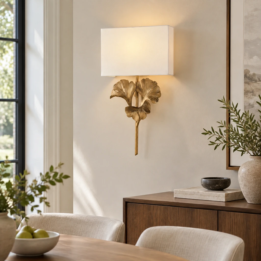 Gold ginkgo leaf wall sconce installed above a dining room console
