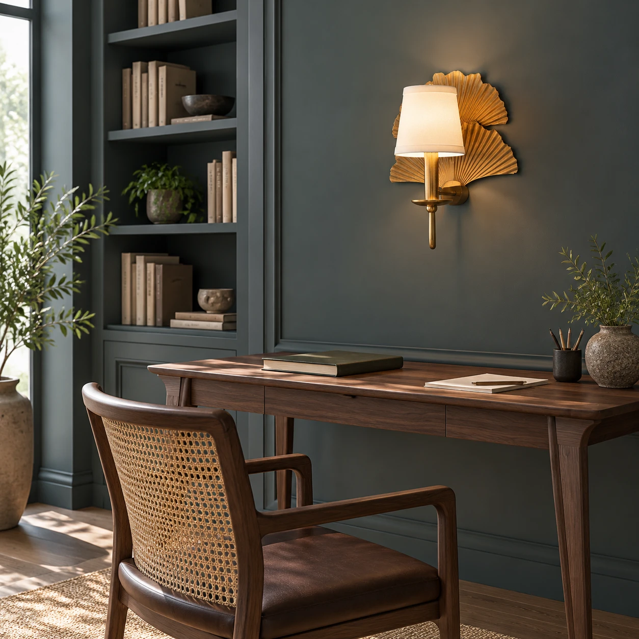 White-shade ginkgo sconce above a walnut writing desk