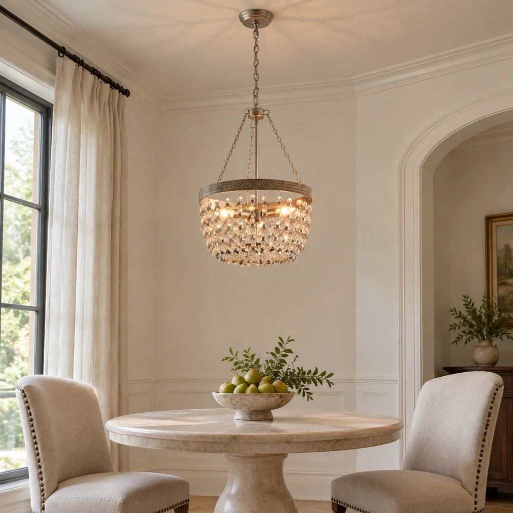 Silver crystal branch chandelier installed above a dining table