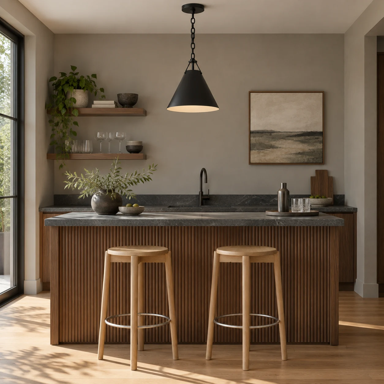 Elodie pendant above a walnut home bar