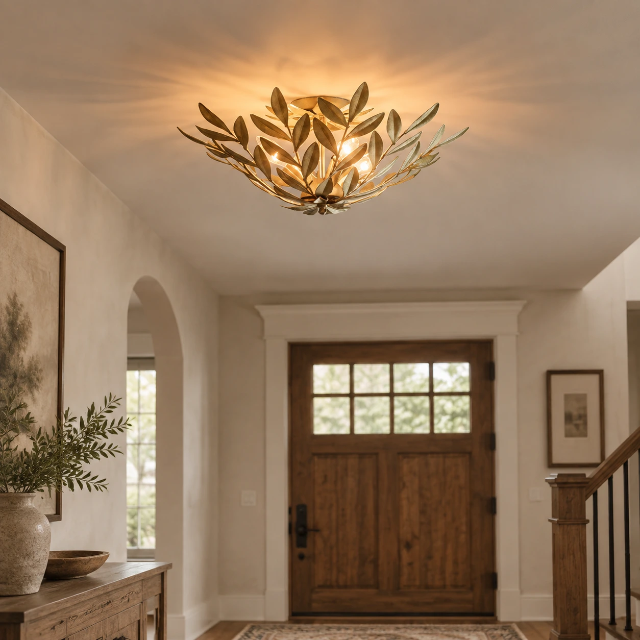 Golden leaf flush mount light in an architectural entry view