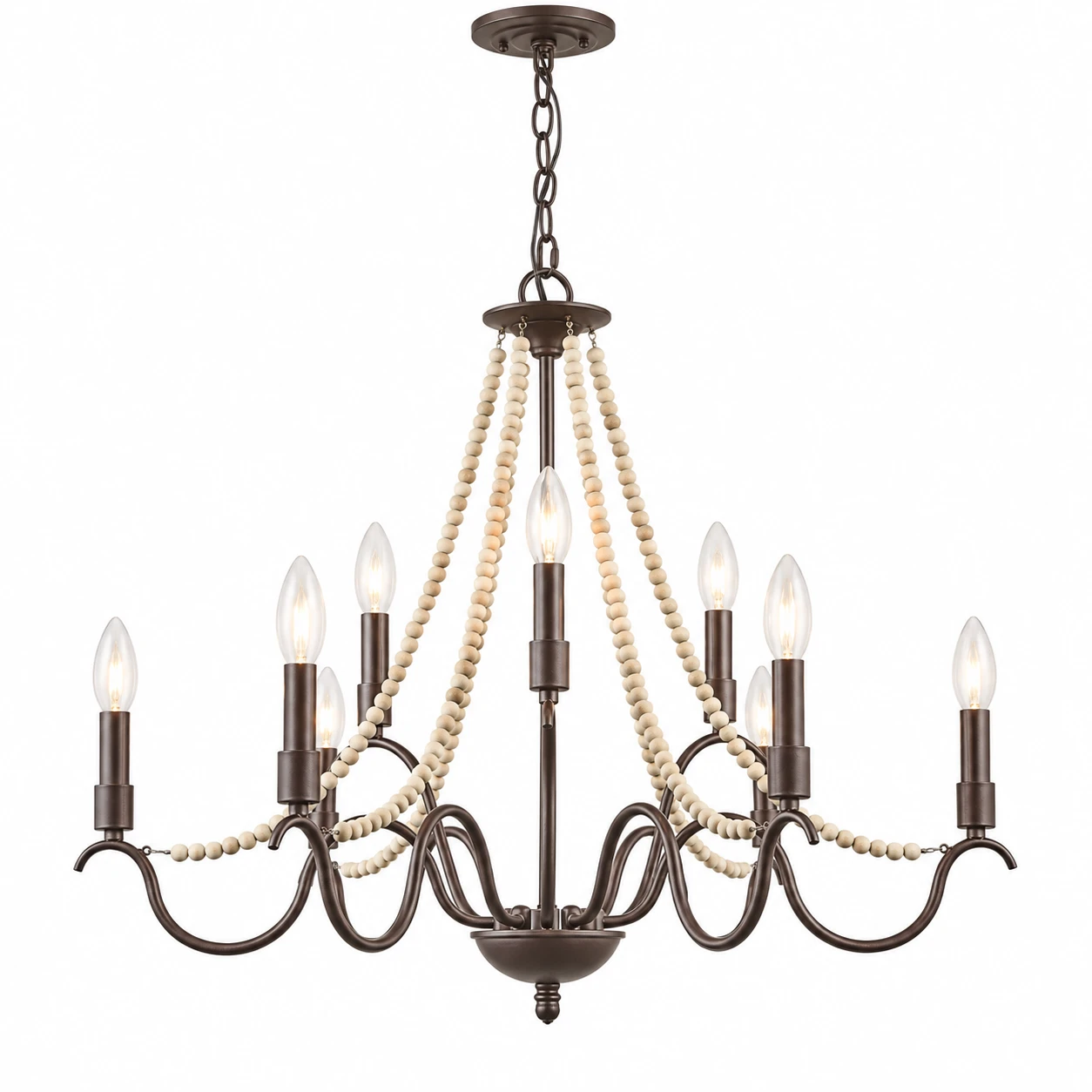 Complete nine-light dark iron wood bead chandelier on white