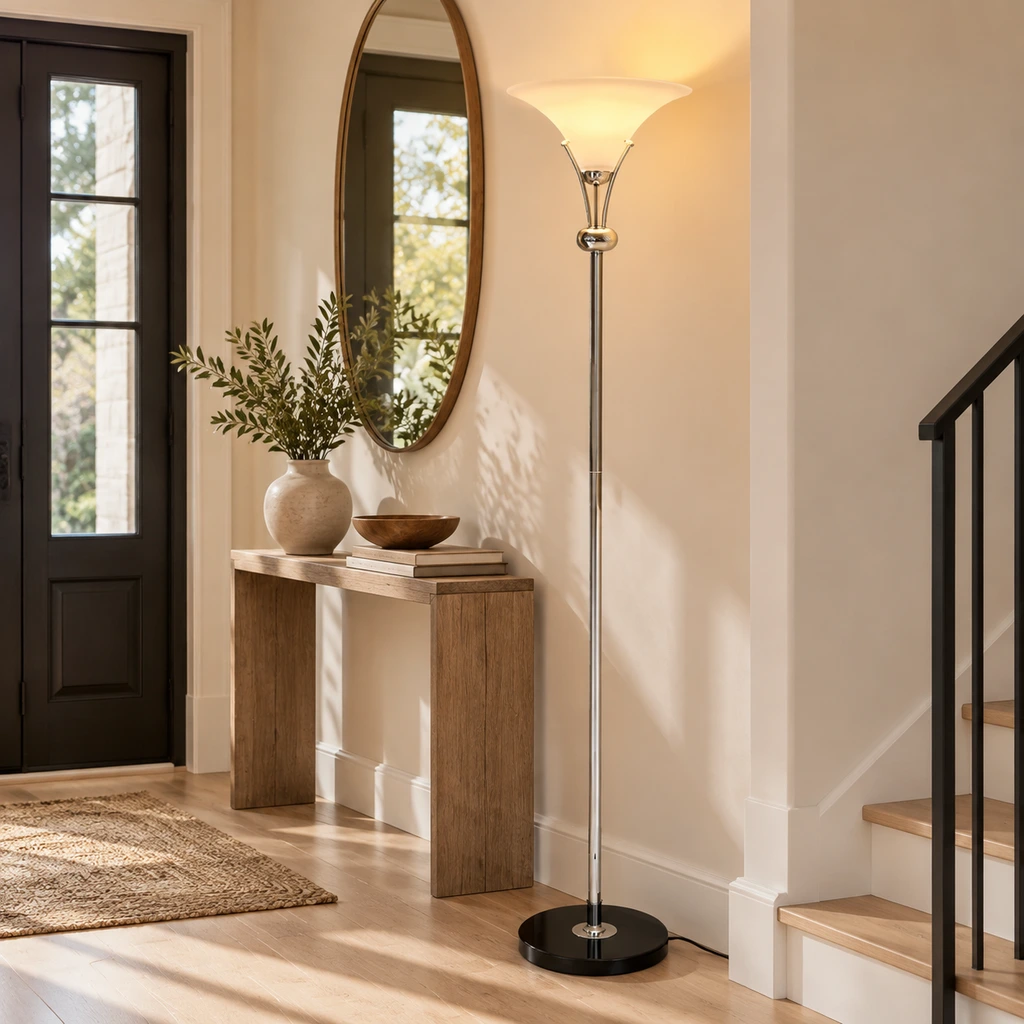 Uplight floor lamp standing beside an entry console and stair