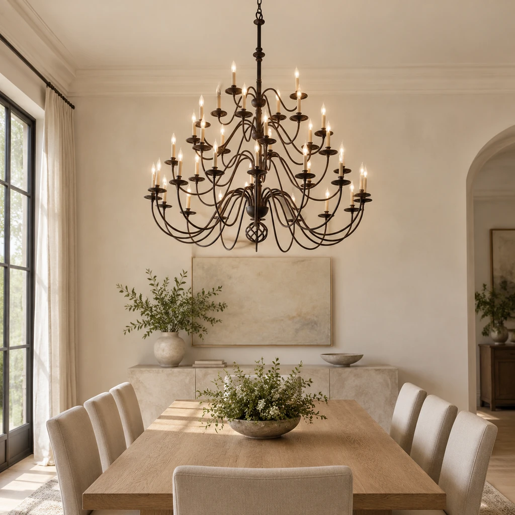 Castello European Matte Black Iron Chandelier above a dining table