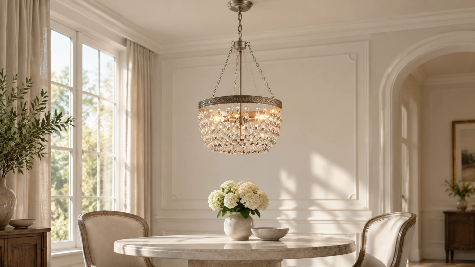 Silver crystal branch chandelier above a dining table in a bright interior