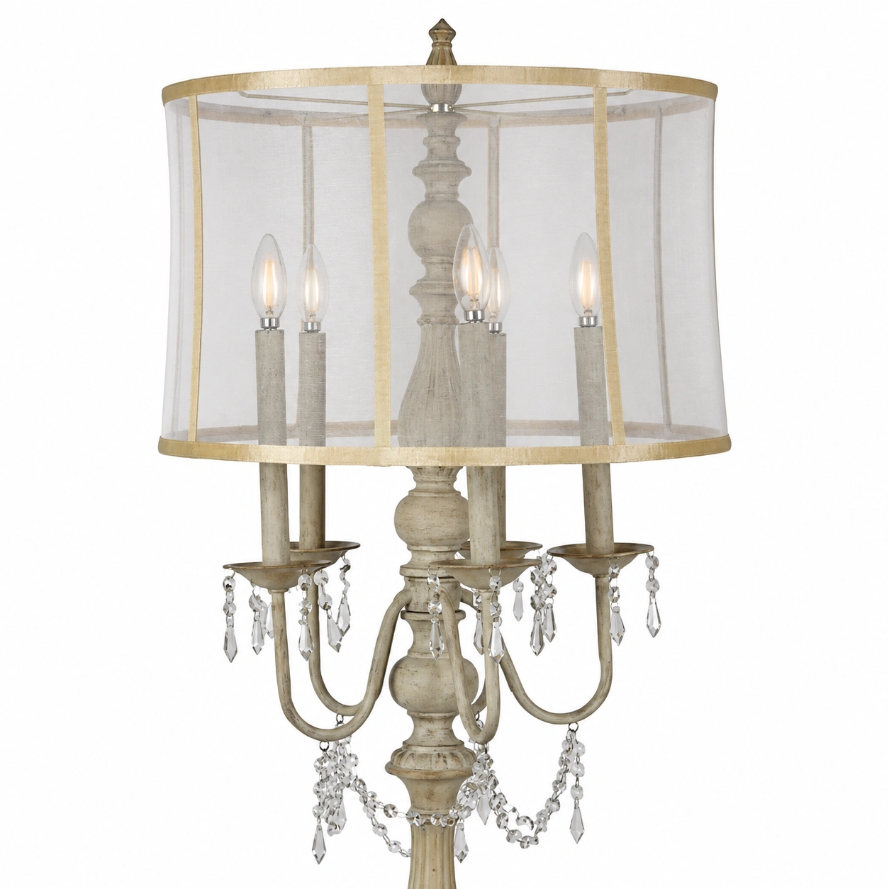 Translucent cylindrical shade, five candle arms, and crystal drop details