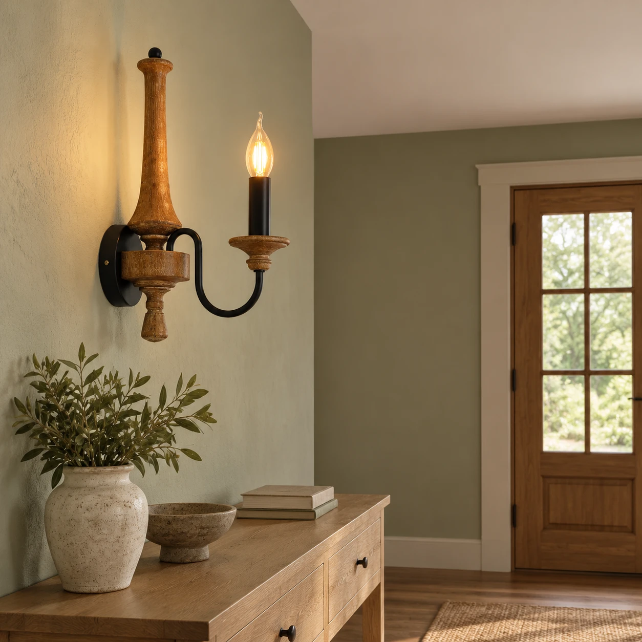 One-light wood candle wall sconce mounted flush to a left-facing entry wall