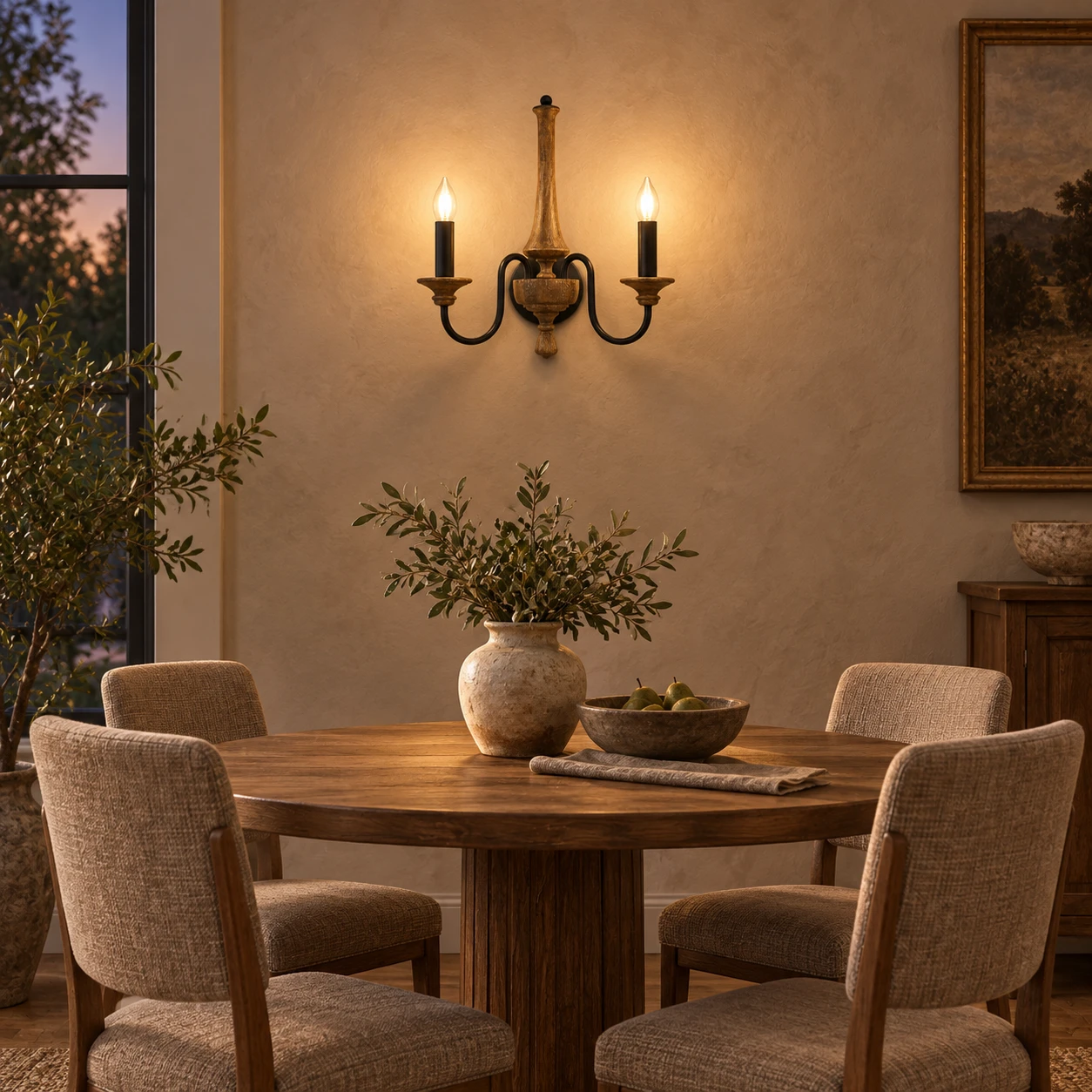 Two-light wood candle wall sconce installed above a dining nook