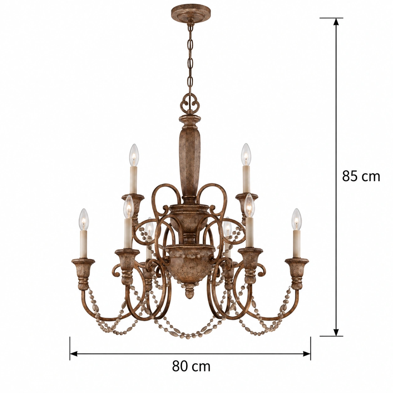 Large eight-light pendant dimensions: 85 centimetres high and 80 centimetres diameter